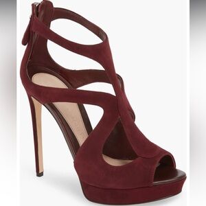 Alexander McQueen Burgundy Suede Strappy Cutout Platform Heels (Size 40)